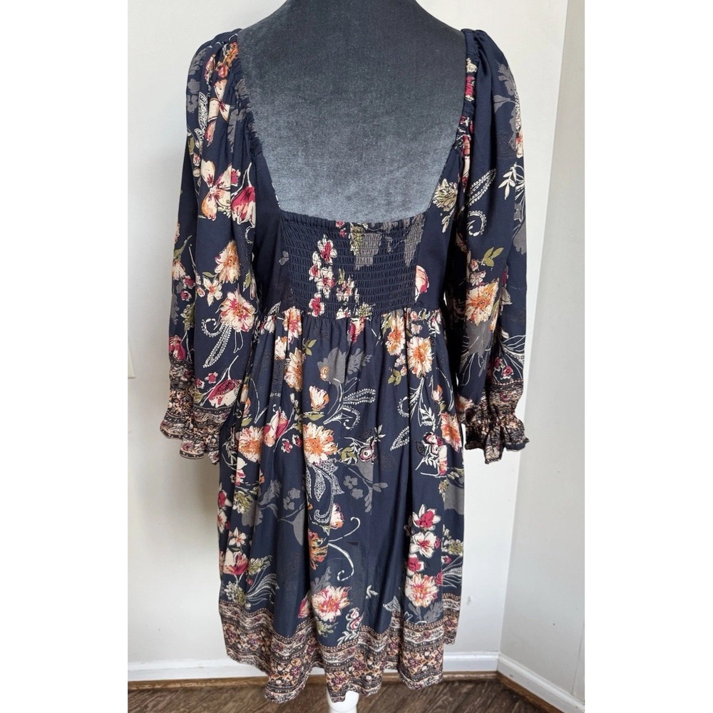 Boho Floral Babydoll Mini Dress L Navy Cottagecore Spring Festival Fairy - Picture 8 of 16